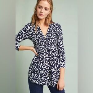 Anthropologie Blue Paisley Long Sleeve Smocked Tunic Small